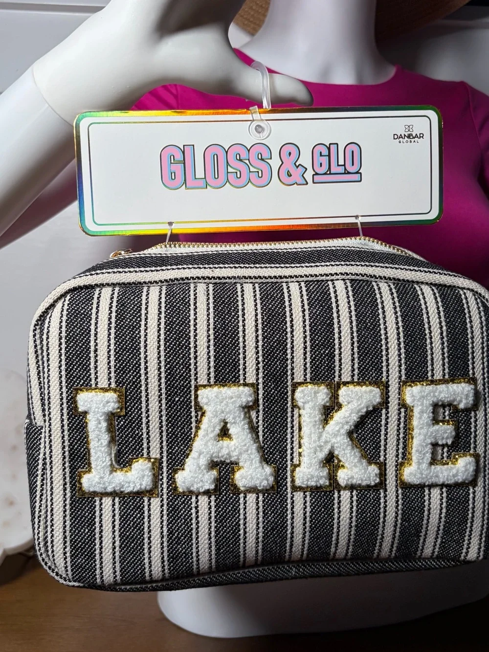 Gloss & Glo - “LAKE” Cosmetic Bag Black & White Striped with Gold Trim Font